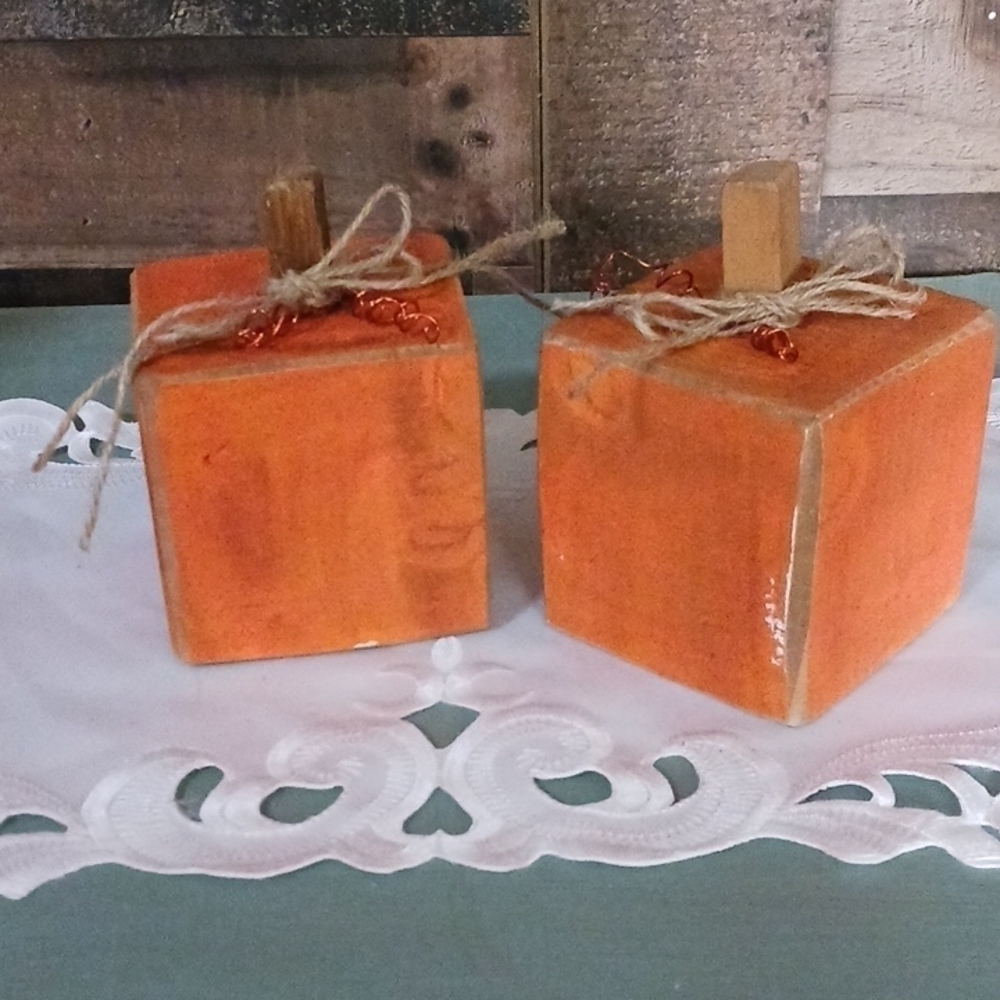 Pine Wood Painted Pumpkins Set of 2